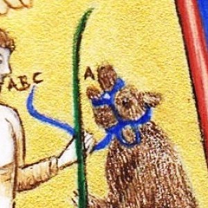 Détail du A "Homme apprenant l'alphabet à un ours" 